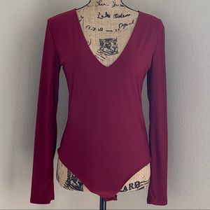 FASHION NOVA Maroon Plunge LongSleeve BodySuit